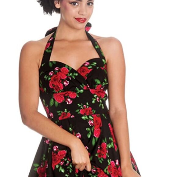X-Small NWT Hell Bunny Cannes Retro Gothic Floral Rose Holiday Halter Dress - Picture 2 of 9